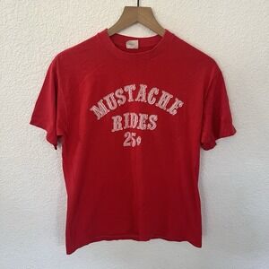 Vintage Belton Mustache Rides 25¢ Red T-Shirt Single Stitch USA - Has Stains